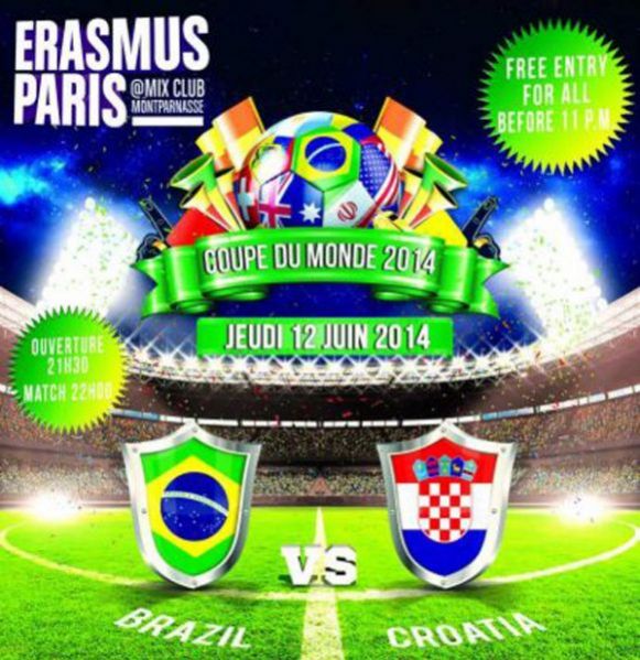 Jeudi 12 juin 2014 – Erasmus Paris ouverture coupe du monde match en live – Gratuit !