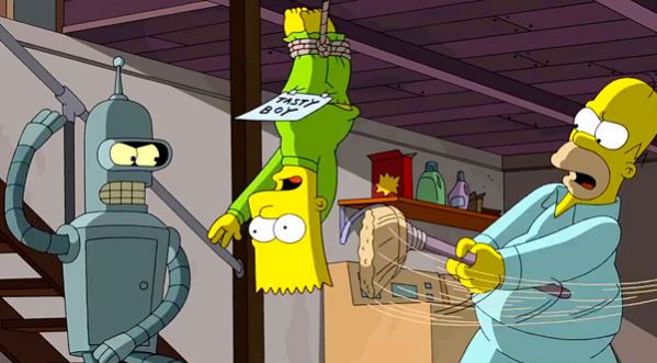 Simpsons et Futurama :  Homer et Bender joue avec Bart