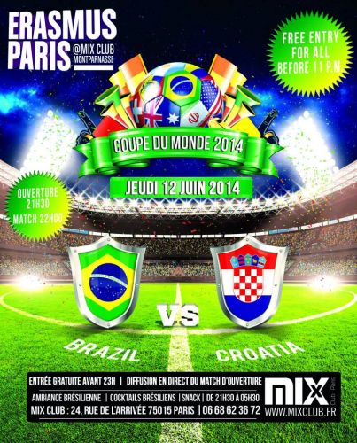 ERASMUS PARIS OUVERTURE COUPE DU MONDE MATCH EN LIVE  JEUDI 12 JUIN ENTRÉE GRATUITE POUR TOUS AVANT